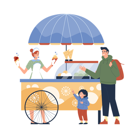 Father and son buying ice cream at vendor stall  Illustration