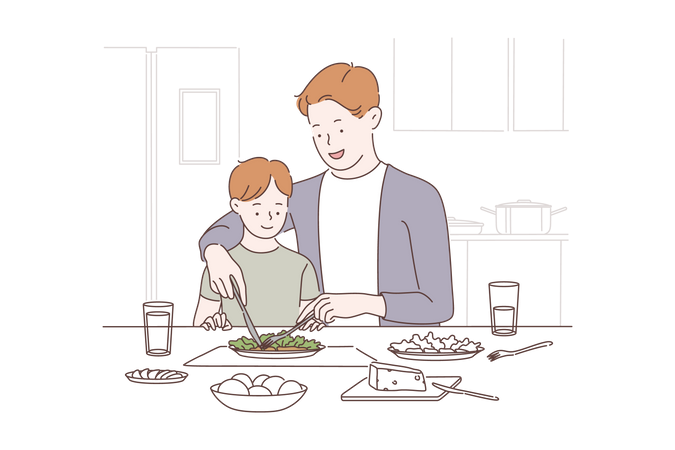 Father teaching how to eat food Illustration