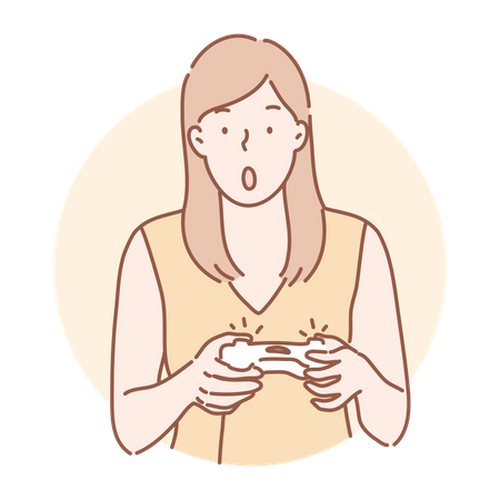 Girl giving shocking expression and playing video game  Illustration