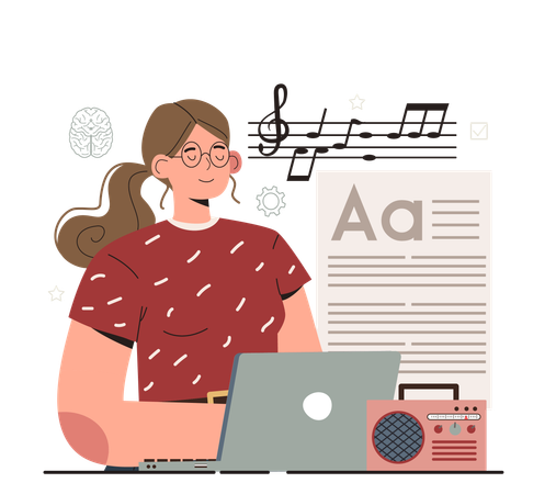 Girl listening music during work  Illustration