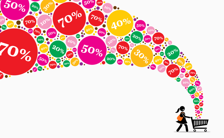 Girl pushing shopping cart on a sales day  Illustration