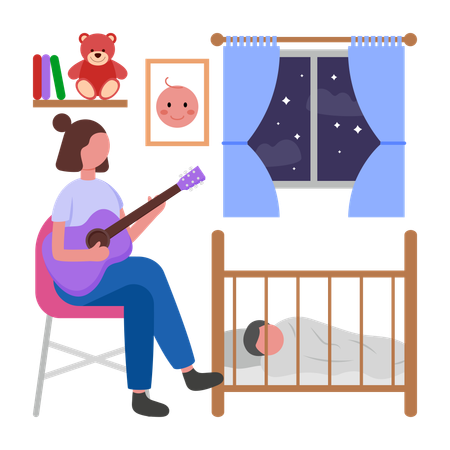 Girl Singing song for Baby To Sleep Illustration