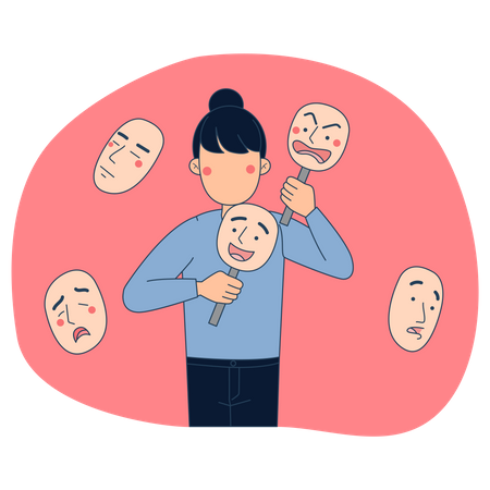 Girl with different expression masks  Illustration