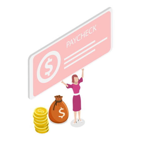 Girl with paycheck in hand  Illustration