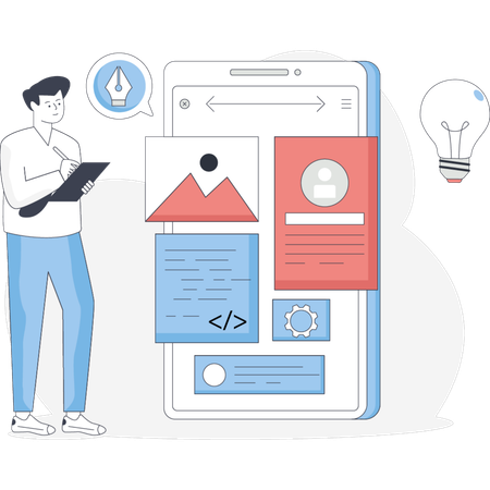Graphic illustrating key steps in mobile app design featuring wireframes user interface  Illustration