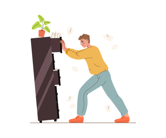 Guy closes cabinet filled with papers and documents and experiences difficulties due to bureaucracy  Illustration