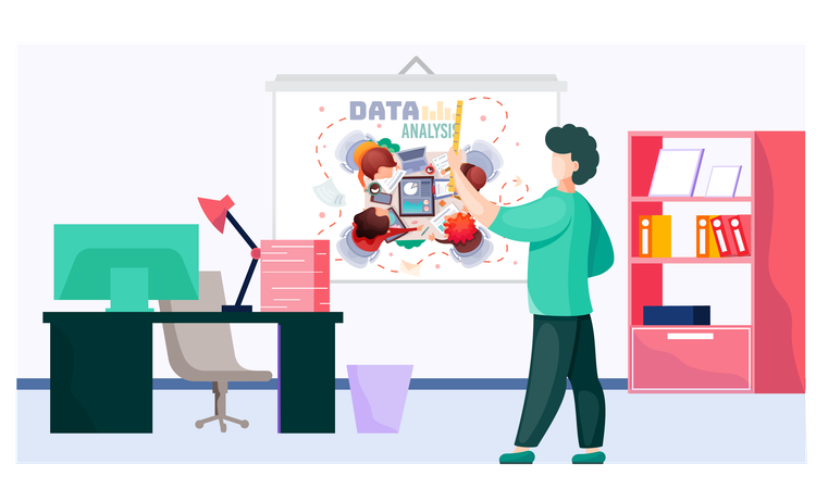 Guy doing online business analysis  Illustration