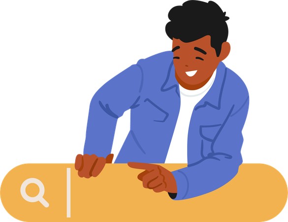 Guy feeling enjoyment while clicking search bar to find information on internet  Illustration