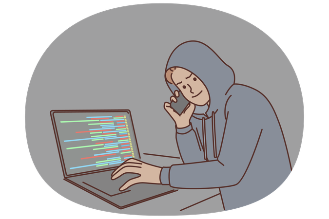 Guy hacker in hood commits internet crime by hacking server using social engineering  Illustration