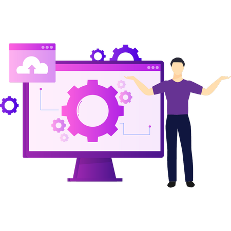 Guy is standing by the monitor  Illustration