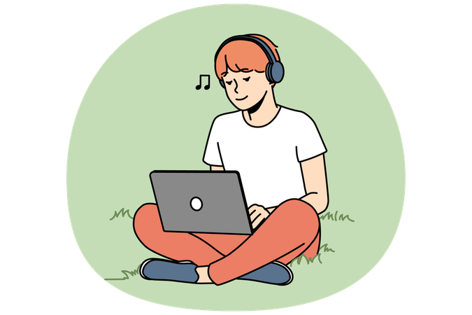 Guy sitting on grass outdoors working on laptop wearing earphones  Illustration