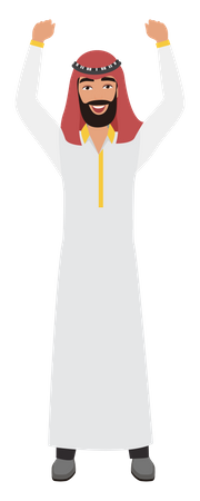 Happy arab man standing and raise both hands  Illustration