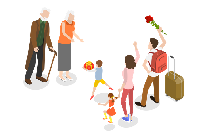 Happy Grandchildren Visiting Grandparents Illustration
