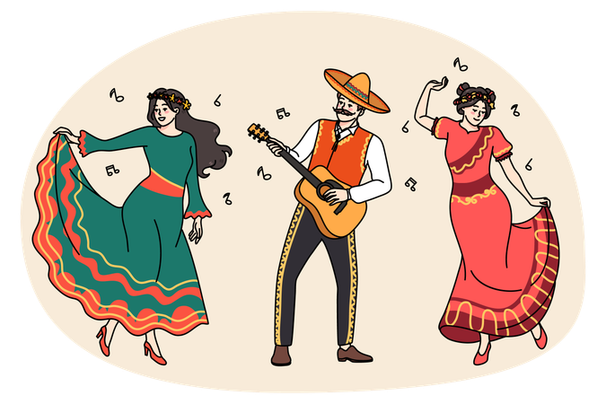 Happy Mexican people in traditional clothes dancing  Illustration