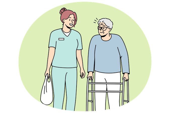 Health care worker helps elderly disabled person with walking frame  Illustration