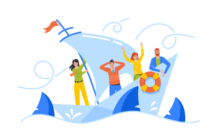 Hopeless Businesspeople Team Shipwreck On Paper Boat  Illustration