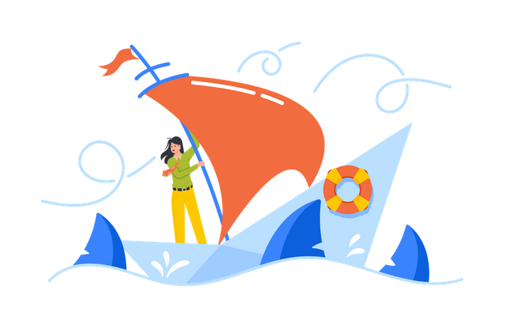 Hopeless Businesswoman Drowning In Ocean  Illustration