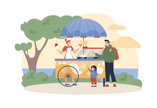 Ice cream van or truck in park with people buying food  Illustration