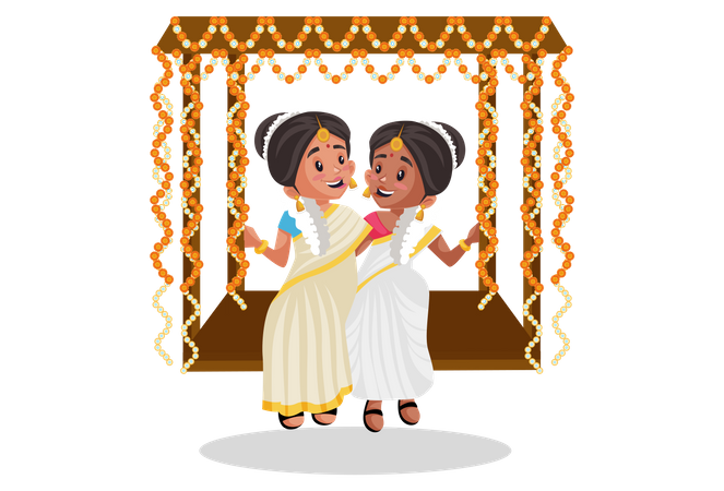 Indian Malayali women are sitting on a swing Illustration