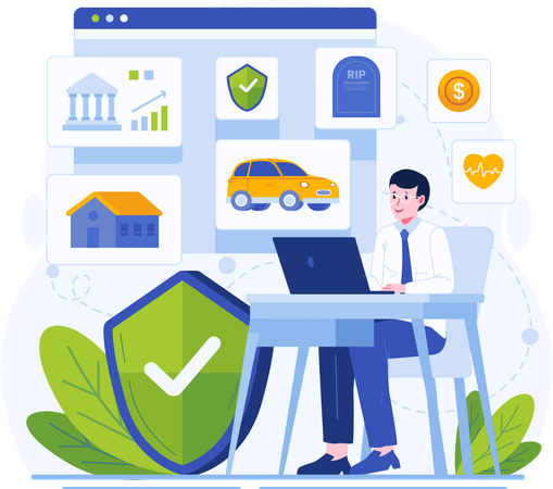 Insurance With a Man Sitting at a Table With His List of Insurance Policies  Illustration
