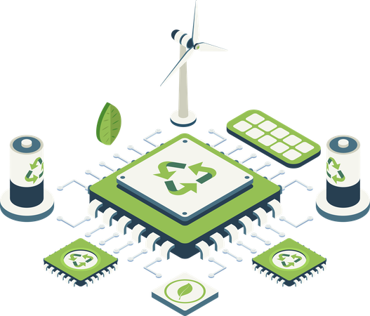 Isometric Eco-Friendly and Sustainable Semiconductor with Green Energy Illustration