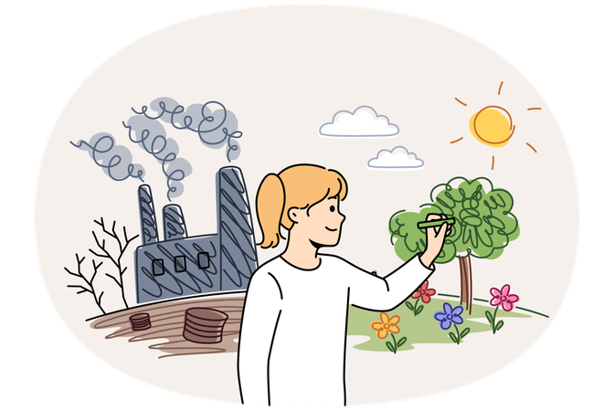 Little girl draws eco friendly nature near factory  Illustration
