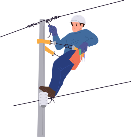 Male climber electric worker repairing city street electrical net using safety rope  Illustration