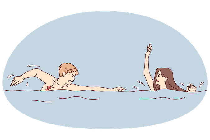 Male guard save woman drowning in water  Illustration