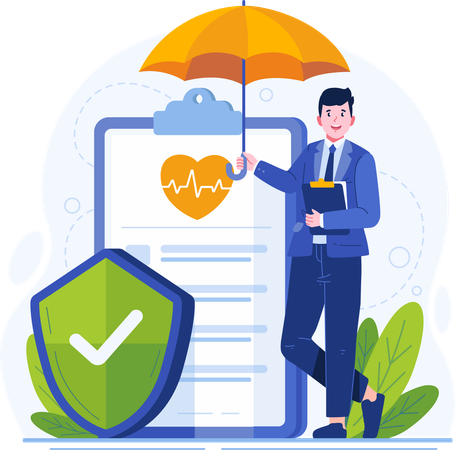 Male Insurance Agent Standing With Crossed Legs Holding an Umbrella Near a Huge Insurance Policy Paper Document Illustration