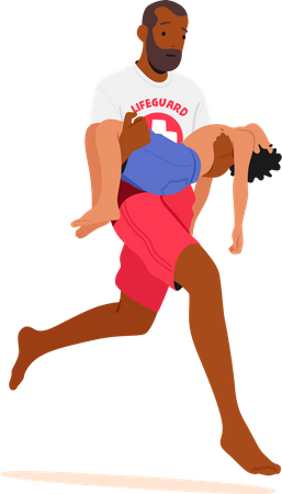 Male Lifeguard Carrying Unconscious Boy in Arms  Illustration