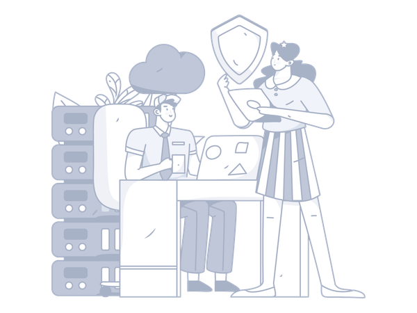 Man and woman working on cloud database security  Illustration