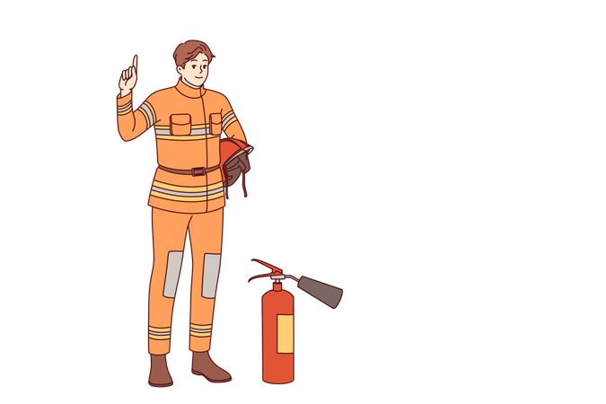 Man firefighter stands near fire extinguisher and copy of space for safety advice  Illustration