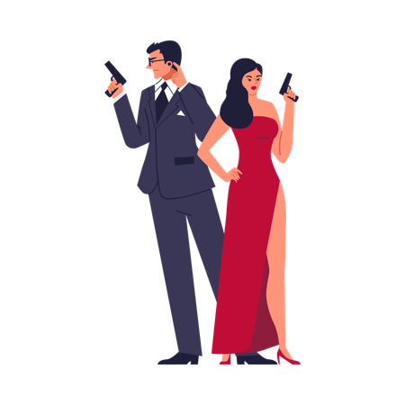 Man in suit and stylish woman in red dress standing with guns  Illustration