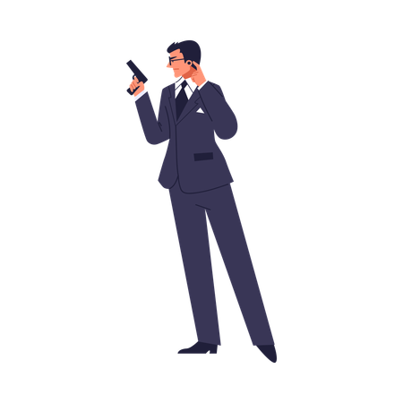 Man in suit with gun listening information in earpiece  Illustration