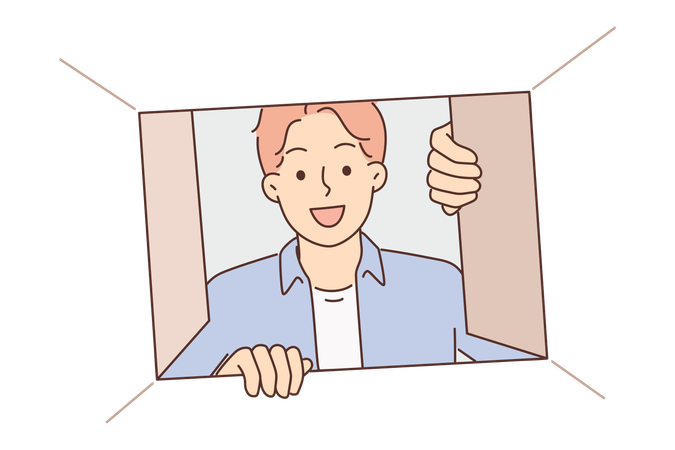 Man looks into cardboard box and looks inside with curiosity after receiving order from courier Illustration