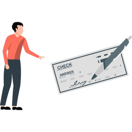 Man pointing bank cheque  Illustration
