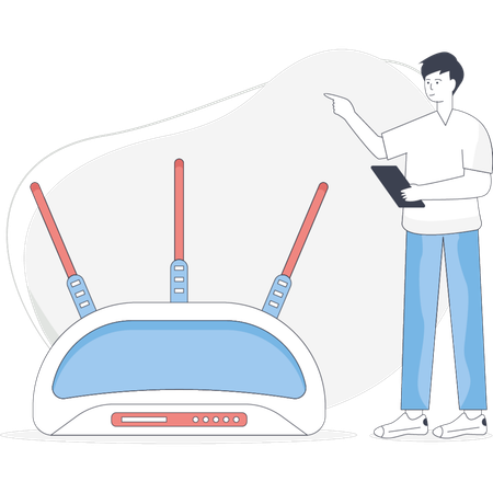 Man points at a router featuring four antennas highlighting its design and functionality  Illustration