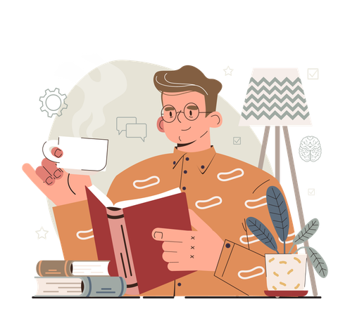 Man reading book while holding coffee cup  Illustration
