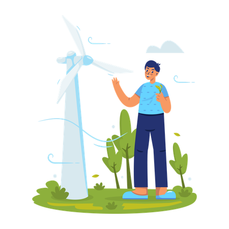 Man saves Wind energy  Illustration