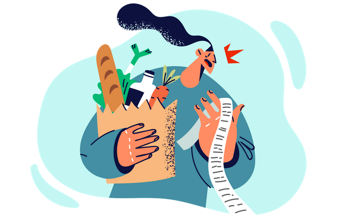 Man shocked after watching grocery bill  Illustration