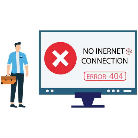 Man standing next to a computer with no internet connection error  Illustration