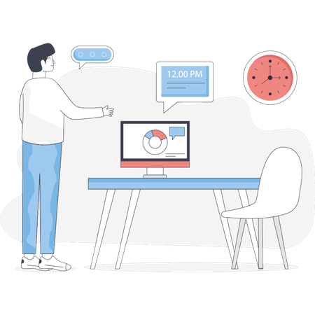 Man stands at a desk with a computer screen engaged in work in a professional setting  Illustration