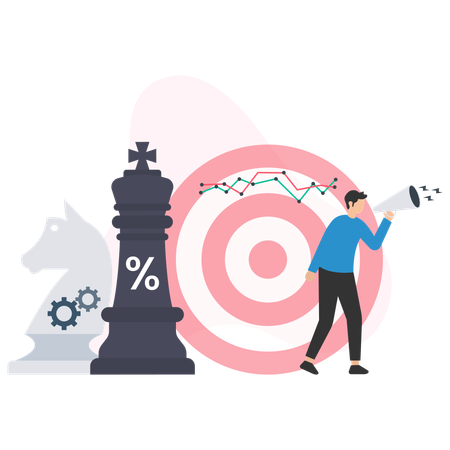 Marketing strategist communicating with megaphone, chess pieces and target with percentage symbol representing roi  Illustration
