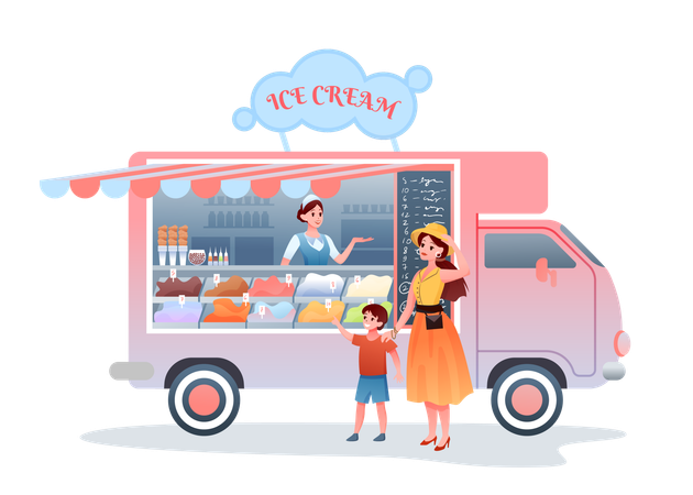 Mother buying child ice cream in kiosk marketplace  Illustration