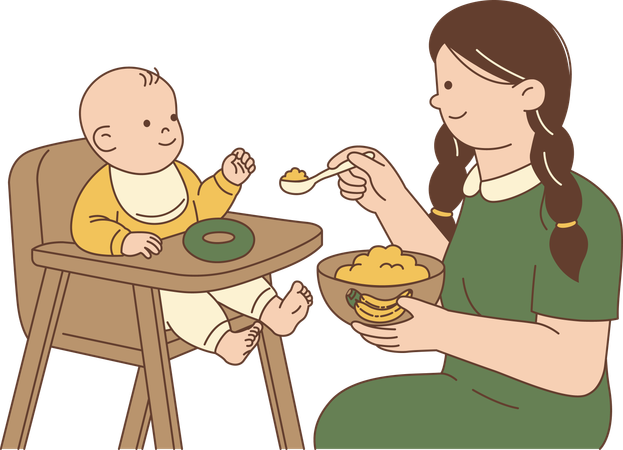 Mother Feeding Baby with Banana Mash  Illustration