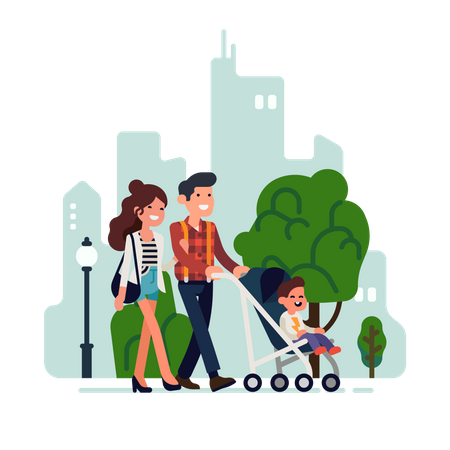 Parents walking along street carrying stroller with their child  Illustration