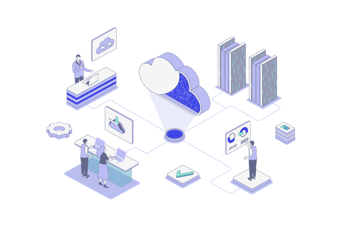 People using online data storage platform and uploading files and computing with secure access to server  Illustration