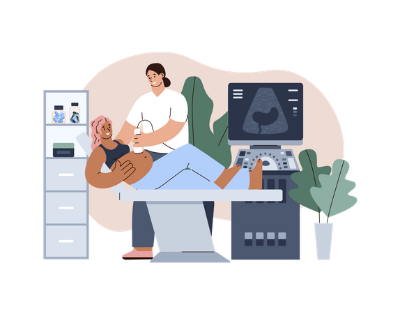 Pregnant happy woman on ultrasound screening  Illustration