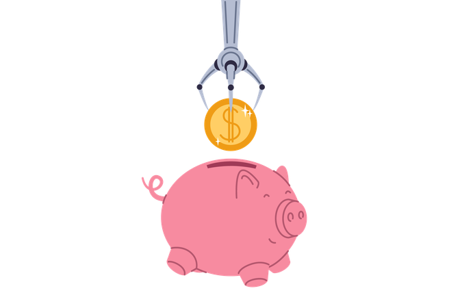 Receiving passive income thanks to hand of robot throwing coin into piggy bank developing fintech  Illustration