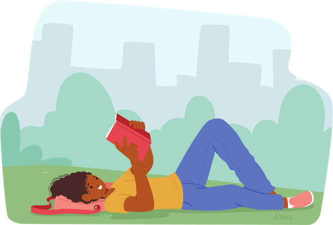 Relaxed girl student character reading book enjoying hobby while lying on grass of city park  Illustration